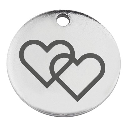 Pendentif en acier inoxydable, rond, diamètre 15 mm, motif coeur double, argenté 