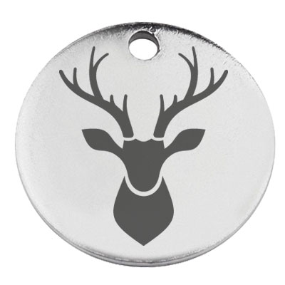 Stainless steel pendant, round, diameter 15 mm, motif deer, silver-coloured 