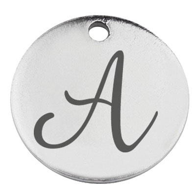 Stainless steel pendant, round, diameter 15 mm, motif letter A, silver-coloured 
