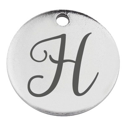 Stainless steel pendant, round, diameter 15 mm, motif letter H, silver-coloured 