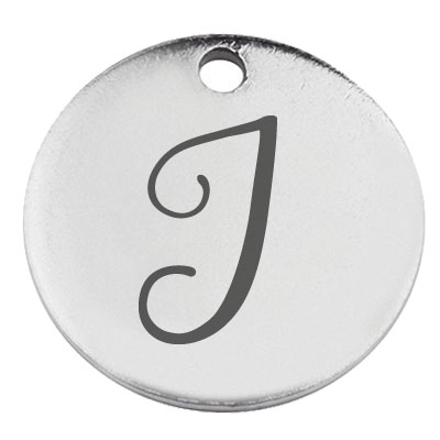 Stainless steel pendant, round, diameter 15 mm, motif letter I, silver-coloured 