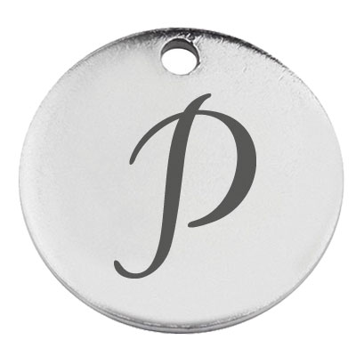 Pendentif en acier inoxydable, rond, diamètre 15 mm, motif lettre P, argenté 