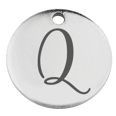 Stainless steel pendant, round, diameter 15 mm, motif letter Q, silver-coloured 