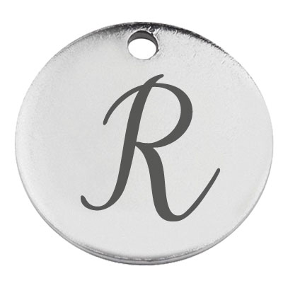 Stainless steel pendant, round, diameter 15 mm, motif letter R, silver-coloured 