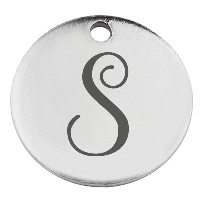 Pendentif en acier inoxydable, rond, diamètre 15 mm, motif lettre S, argenté 