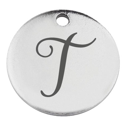 Stainless steel pendant, round, diameter 15 mm, motif letter T, silver-coloured 