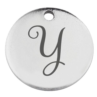 Stainless steel pendant, round, diameter 15 mm, motif letter Y, silver-coloured 