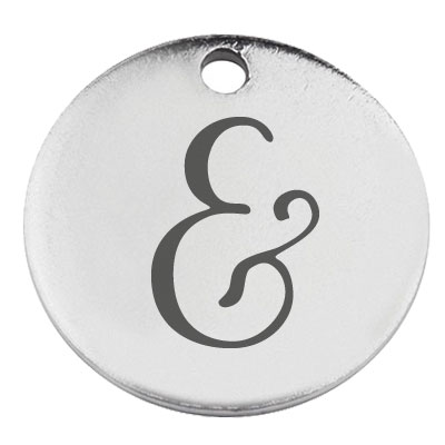 Stainless steel pendant, round, diameter 15 mm, motif punctuation mark &, silver-coloured 