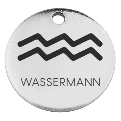 Edelstahl Anhänger, Rund, Durchmesser 15 mm, Motiv Sternzeichen "Wassermann", silberfarben 