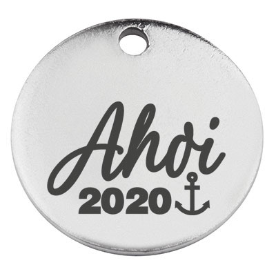 Stainless steel pendant, round, diameter 15 mm, "Ahoy 2020", silver-coloured 