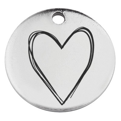 Stainless steel pendant, round, diameter 15 mm, hearts, silver-coloured 