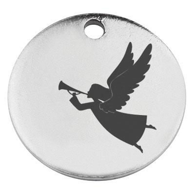 Stainless steel pendant, round, diameter 15 mm, motif angel with trumpet, silver-coloured 