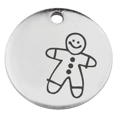 Stainless steel pendant, round, diameter 15 mm, motif gingerbread man, silver-coloured 
