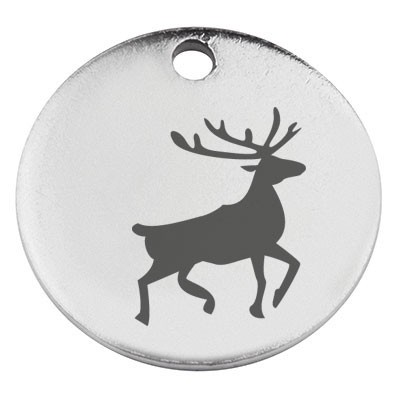 Stainless steel pendant, round, diameter 15 mm, motif moose, silver-coloured 