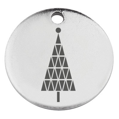Stainless steel pendant, round, diameter 15 mm, motif fir tree, silver-coloured 