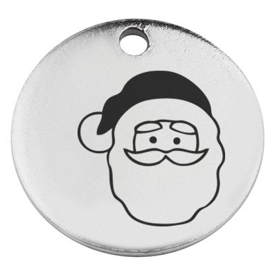 Stainless steel pendant, round, diameter 15 mm, motif Father Christmas, silver-coloured 