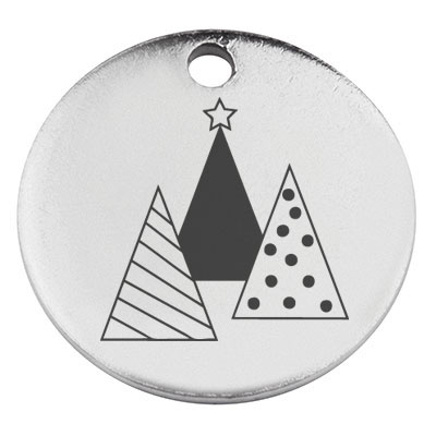 Stainless steel pendant, round, diameter 15 mm, motif fir tree group, silver-coloured 