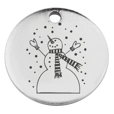 Stainless steel pendant, round, diameter 15 mm, motif snowman, silver-coloured 