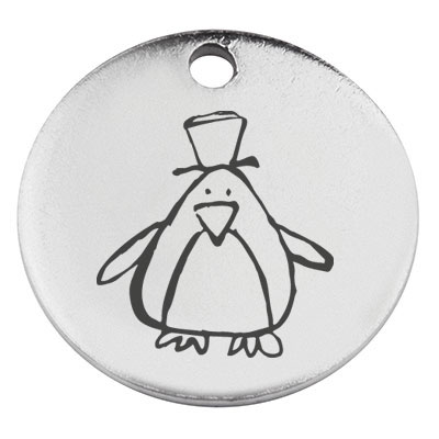 Stainless steel pendant, round, diameter 15 mm, motif penguin, silver-coloured 