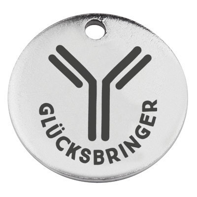 Stainless steel pendant, round, diameter 15 mm, motif "Lucky charm" with antibody, silver-coloured 