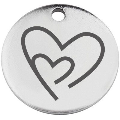 Stainless steel pendant, round, diameter 15 mm, motif "Heart", silver-coloured 