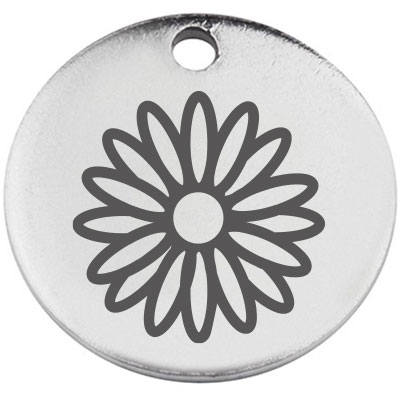 Stainless steel pendant, round, diameter 15 mm, motif "Flower", silver-coloured 