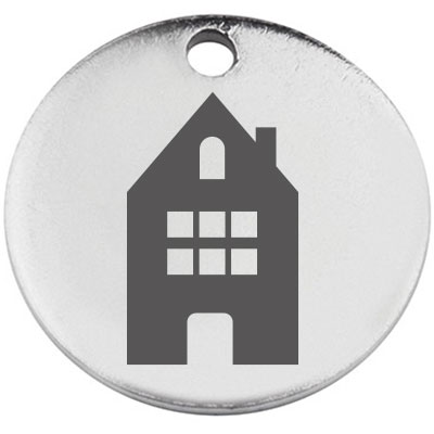 Stainless steel pendant, round, diameter 15 mm, motif "House", silver-coloured 