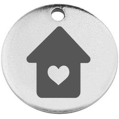 Stainless steel pendant, round, diameter 15 mm, motif "House", silver-coloured 