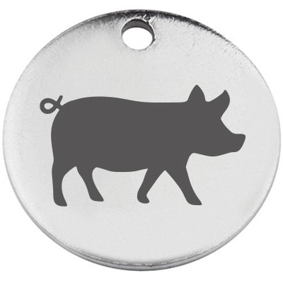 Stainless steel pendant, round, diameter 15 mm, motif "Pig", silver-coloured 