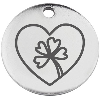 Stainless steel pendant, round, diameter 15 mm, motif "Heart with lucky clover", silver-coloured 