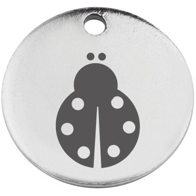 Stainless steel pendant, round, diameter 15 mm, motif "Ladybird", silver-coloured 