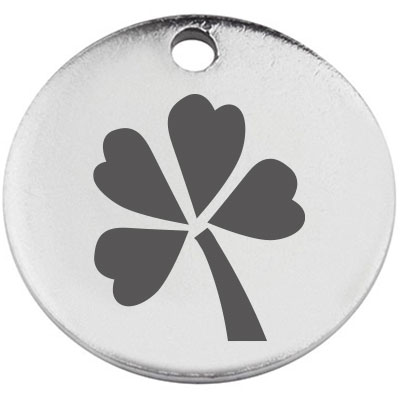 Stainless steel pendant, round, diameter 15 mm, motif "Lucky Clover", silver-coloured 