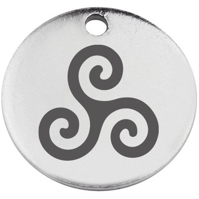 Stainless steel pendant, round, diameter 15 mm, motif "Triskele", silver-coloured 