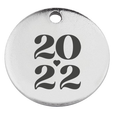 Stainless steel pendant, round, diameter 15 mm, motif "2022", silver-coloured 