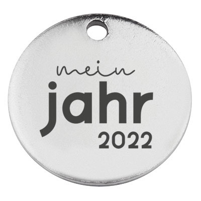 Stainless steel pendant, round, diameter 15 mm, motif "My year 2022", silver-coloured 