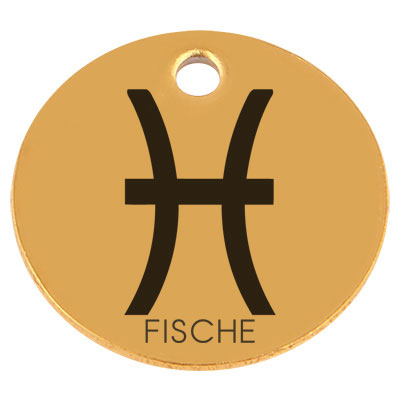 Edelstahl Anhänger, Rund, Durchmesser 15 mm, Motiv Sternzeichen "Fische", goldfarben 