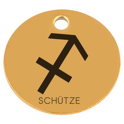 Edelstahl Anhänger, Rund, Durchmesser 15 mm, Motiv Sternzeichen "Schütze", goldfarben 