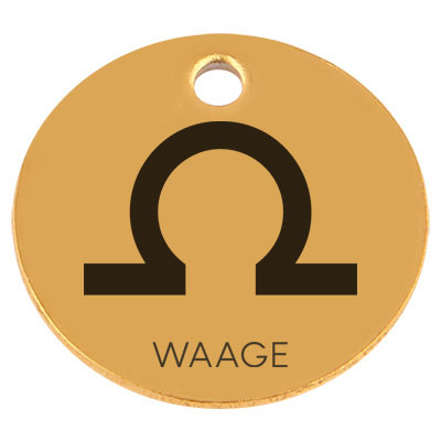 Edelstahl Anhänger, Rund, Durchmesser 15 mm, Motiv Sternzeichen "Waage", goldfarben 