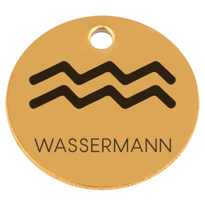 Edelstahl Anhänger, Rund, Durchmesser 15 mm, Motiv Sternzeichen "Wassermann", goldfarben 