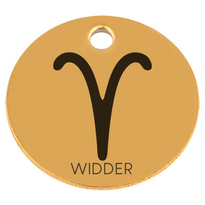 Pendentif en acier inoxydable, rond, diamètre 15 mm, motif signe astrologique "Bélier", doré 