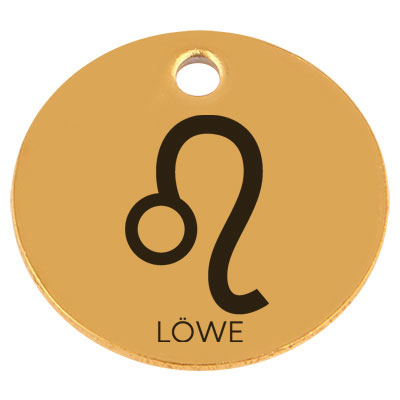 Edelstahl Anhänger, Rund, Durchmesser 15 mm, Motiv Sternzeichen "Löwe", goldfarben 
