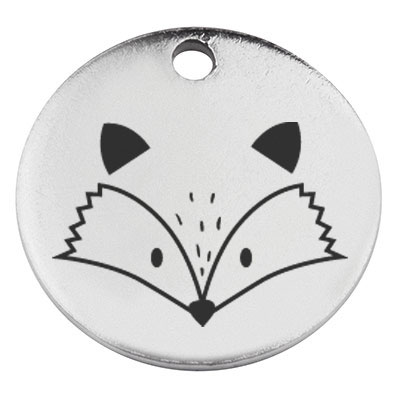 Stainless steel pendant, round, diameter 15 mm, motif "Fox", silver-coloured 