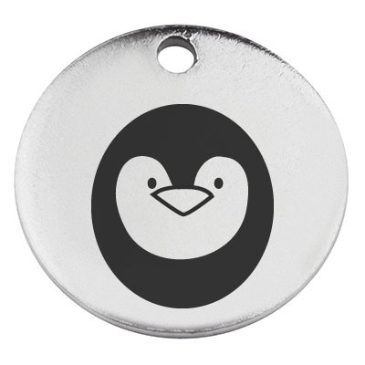 Roestvrijstalen hanger, rond, diameter 15 mm, motief "Pinguïn", zilverkleurig 