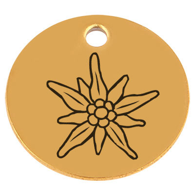 Edelstahl Anhänger, Rund, Durchmesser 15 mm, Motiv "Edelweiß", goldfarben 