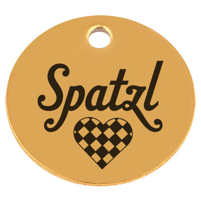Edelstahl Anhänger, Rund, Durchmesser 15 mm, Motiv "Spatzl", goldfarben 