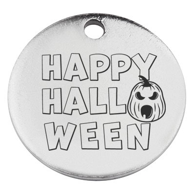 Edelstahl Anhänger, Rund, Durchmesser 15 mm, Motiv "Happy Halloween Kürbis", silberfarben 