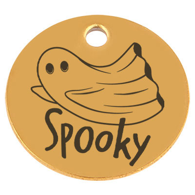 Edelstahl Anhänger, Rund, Durchmesser 15 mm, Motiv "Halloween Gespenst Spooky", goldfarben 