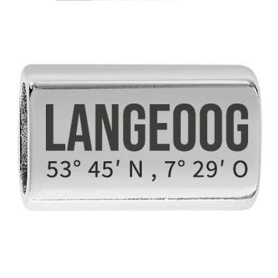 Longue pièce intermédiaire avec gravure "Langeoog avec coordonnées", 22,0 x 13,0 mm, argentée, convient pour corde à voile de 5 mm 