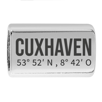 Langes Zwischenstück mit Gravur "Cuxhaven mit Koordinaten", 22,0 x 13,0 mm, versilbert, geeignet für 5 mm Segelseil 