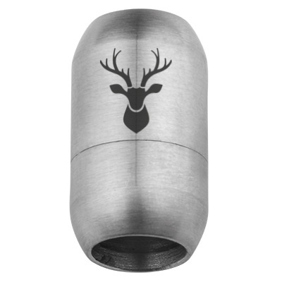 Fermoir magnétique en acier fin pour rubans de 8 mm, dimensions du fermoir 21 x 12 mm, motif tête de cerf, argenté 